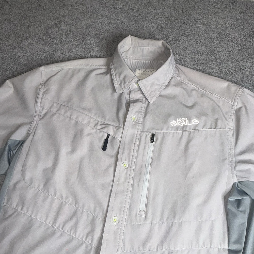 Loco Skailz Shirt Mens S Water Vented Fishing Button Long‎ Sleeve Gray White